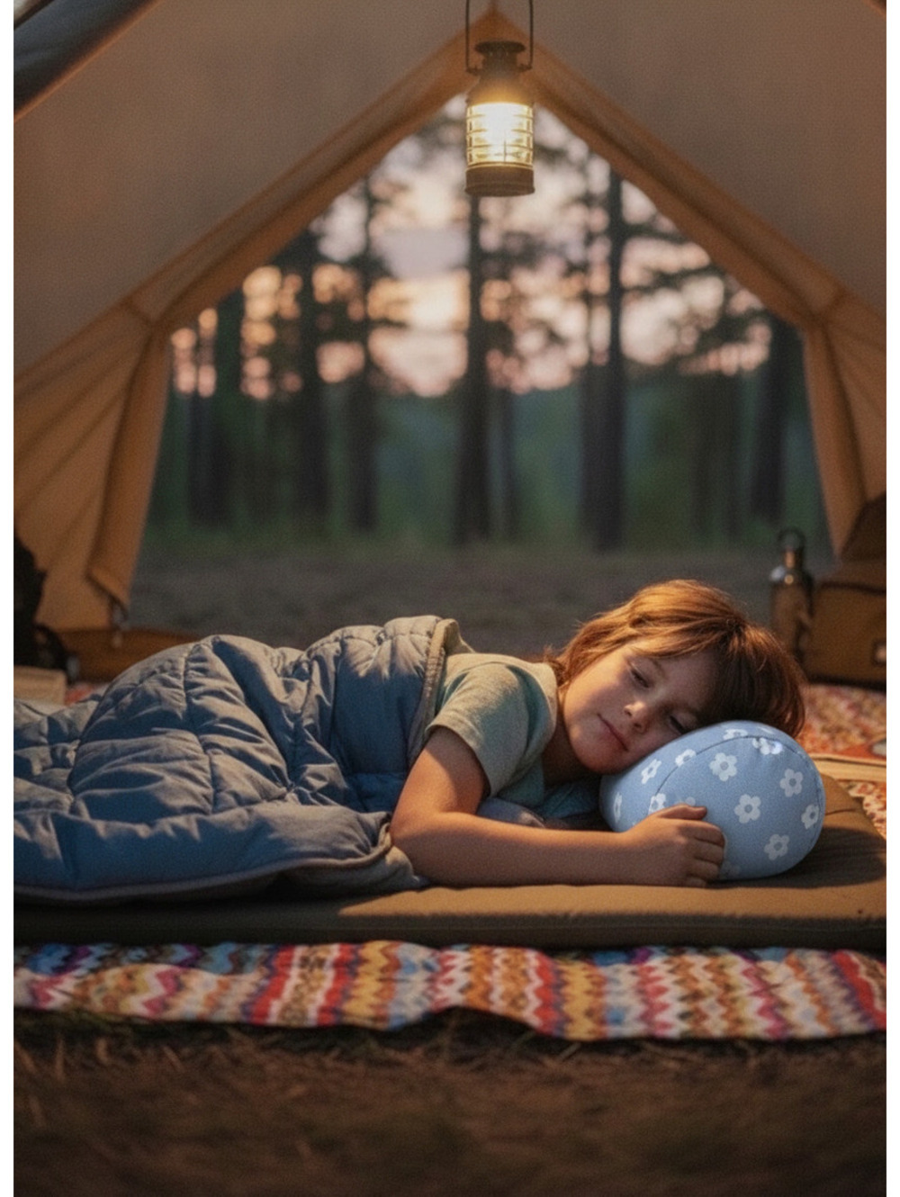 Camping Pillow- Denim Blue with Flowers